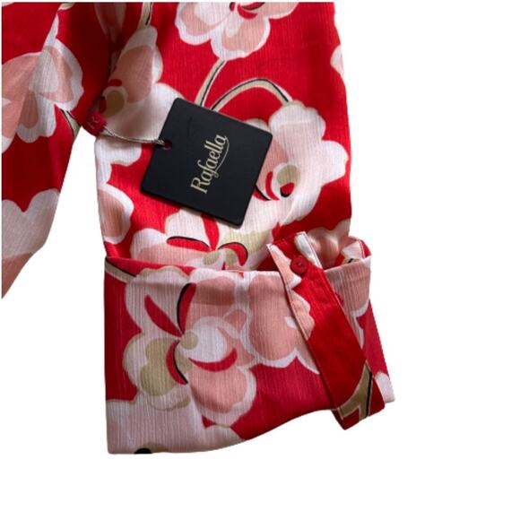Rafaella Blouse Red Floral Tie Front Rolled Tab Sleeve Blouse Top Medium NEW - Picture 12 of 15